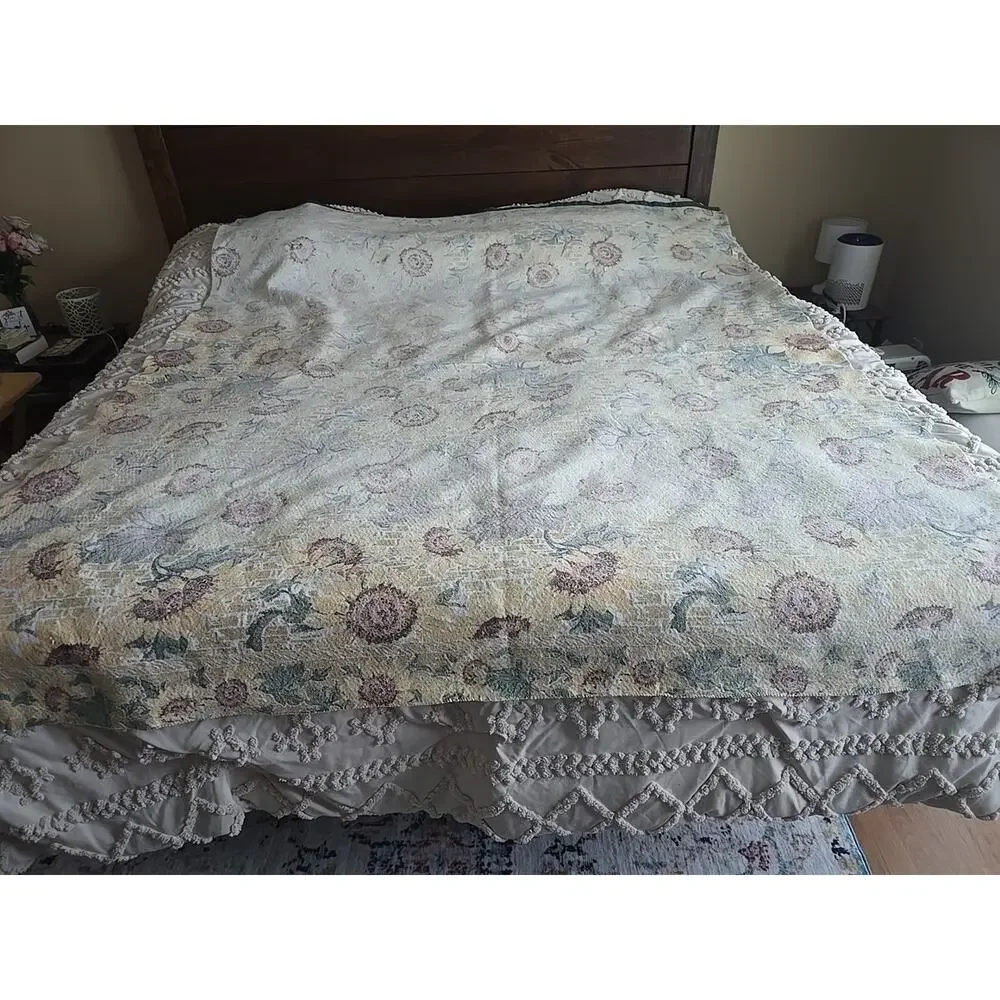 Lot of 2 Vtg Green Yellow Floral Flawed‎ Acrylic Bedding Blanket Queen/King Size